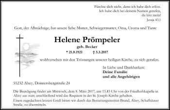 Traueranzeige von Helene Prömpeler von Trauerportal Rhein Main Presse