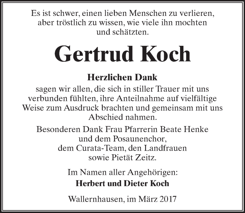  Traueranzeige für Gertrud Koch vom 04.03.2017 aus  Kreisanzeiger