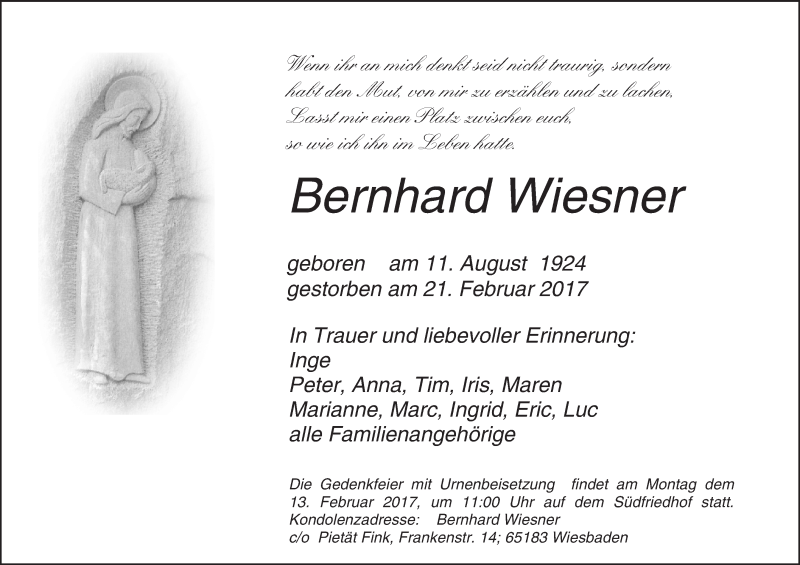  Traueranzeige für Bernhard Wiesner vom 04.03.2017 aus Trauerportal Rhein Main Presse