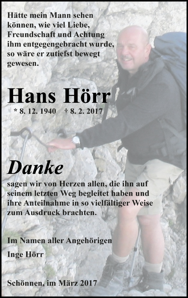  Traueranzeige für Hans Hörr vom 11.03.2017 aus Trauerportal Echo Online