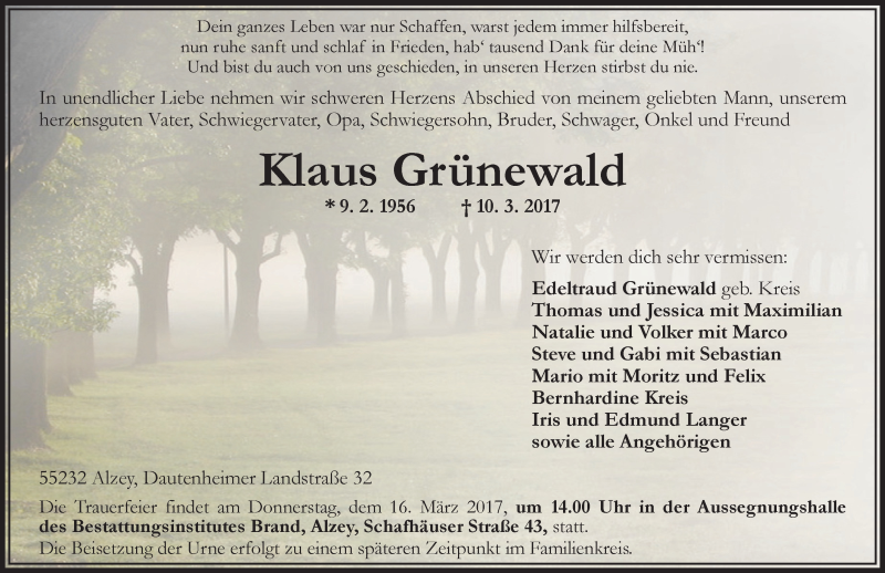 Traueranzeige für Klaus Grünewald vom 14.03.2017 aus Trauerportal Rhein Main Presse