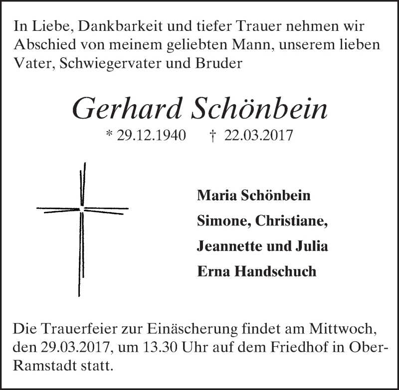  Traueranzeige für Gerhard Schönbein vom 25.03.2017 aus Trauerportal Echo Online