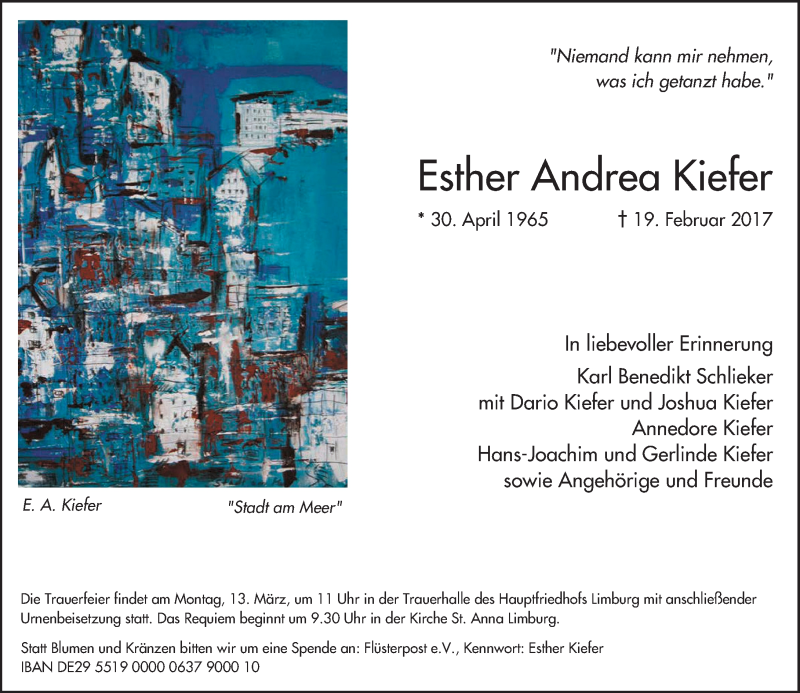  Traueranzeige für Esther Andrea Kiefer vom 04.03.2017 aus Trauerportal Rhein Main Presse