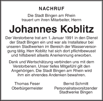 Traueranzeige von Johannes Koblitz von Trauerportal Rhein Main Presse