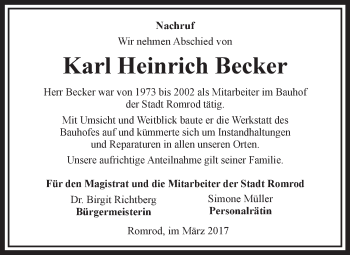 Traueranzeige von Karl Heinrich Becker von VRM Trauer