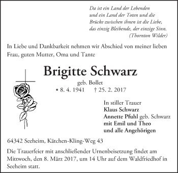 Traueranzeige von Brigitte Schwarz von Trauerportal Echo Online