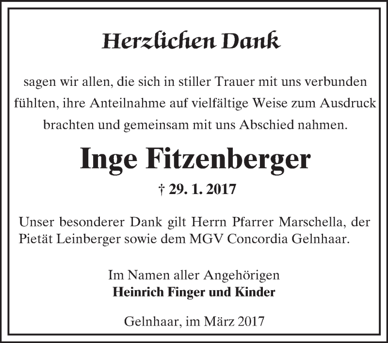  Traueranzeige für Inge Fitzenberger vom 04.03.2017 aus  Kreisanzeiger