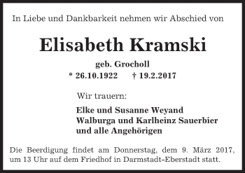 Traueranzeige von Elisabeth Kramski von Trauerportal Echo Online