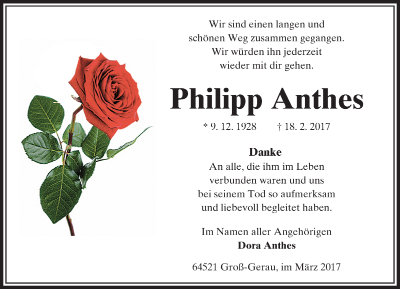  Traueranzeige für Philipp Anthes vom 11.03.2017 aus Trauerportal Echo Online