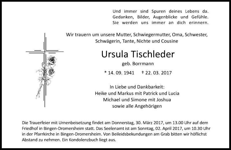  Traueranzeige für Ursula Tischleder vom 28.03.2017 aus Trauerportal Rhein Main Presse