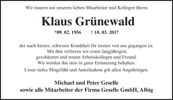 Traueranzeige von Klaus Grünewald von Trauerportal Rhein Main Presse