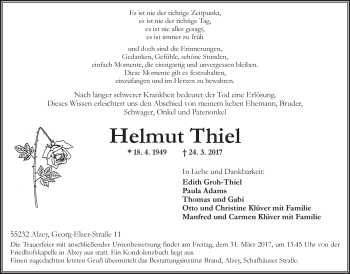 Traueranzeige von Helmut Thiel von Trauerportal Rhein Main Presse