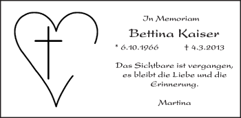 Traueranzeige von Bettina Kaiser von  Kreisanzeiger