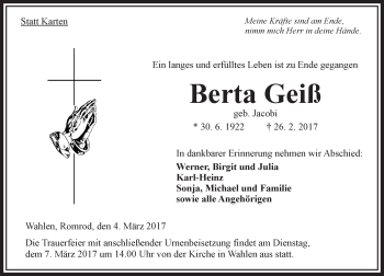 Traueranzeige von Berta Geiß von VRM Trauer