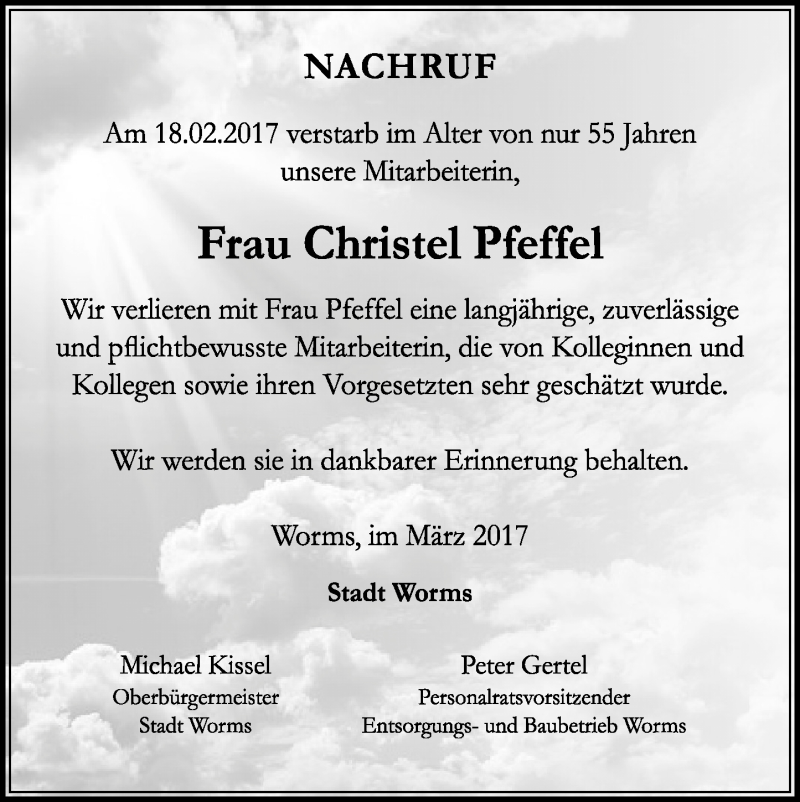  Traueranzeige für Christel Pfeffel vom 02.03.2017 aus Trauerportal Rhein Main Presse