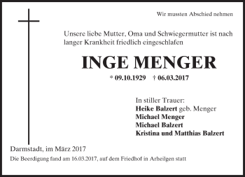 Traueranzeige von Inge Menger von Trauerportal Rhein Main Presse