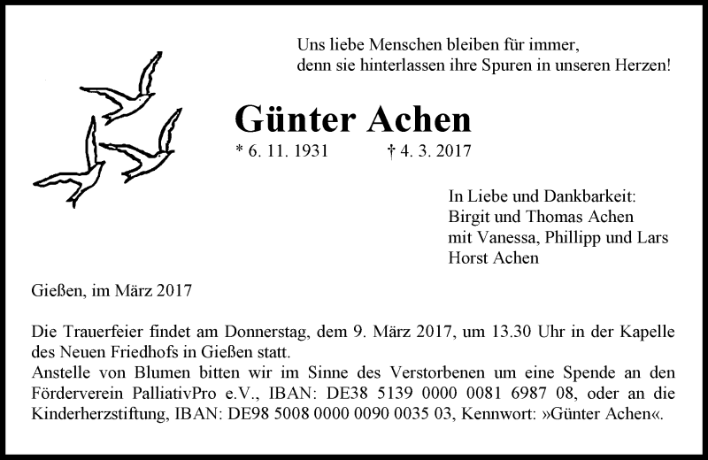  Traueranzeige für Günter Achen vom 07.03.2017 aus  Gießener Anzeiger