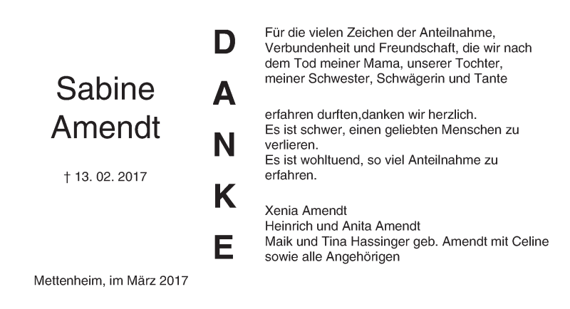  Traueranzeige für Sabine Amendt vom 11.03.2017 aus Trauerportal Rhein Main Presse