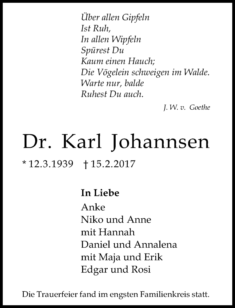 Traueranzeige für Karl Johannsen vom 11.03.2017 aus Trauerportal Rhein Main Presse