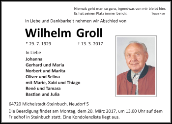 Traueranzeige von Wilhelm Groll von Trauerportal Echo Online