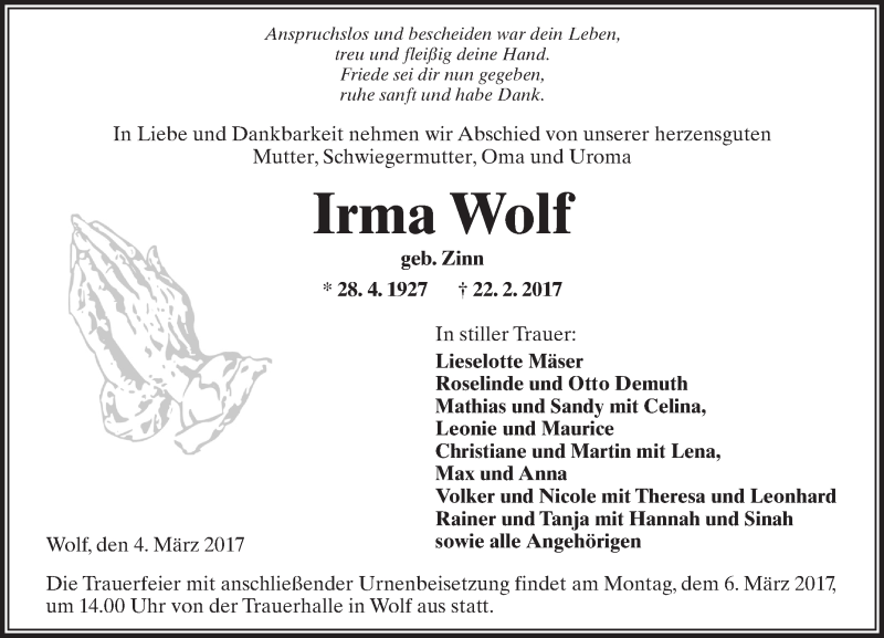  Traueranzeige für Irma Wolf vom 04.03.2017 aus  Kreisanzeiger
