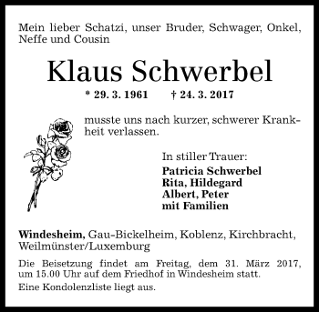 Traueranzeige von Klaus Schwerbel von Trauerportal Rhein Main Presse