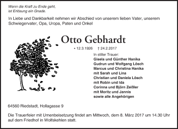 Traueranzeige von Otto Gebhardt von Trauerportal Echo Online