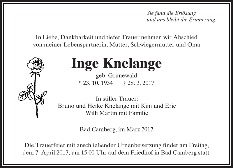  Traueranzeige für Inge Knelange vom 30.03.2017 aus  Camberger Anzeiger