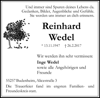 Traueranzeige von Reinhard Wedel von Trauerportal Rhein Main Presse