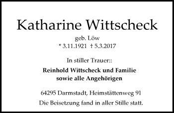 Traueranzeige von Katharine Wittscheck von Trauerportal Echo Online
