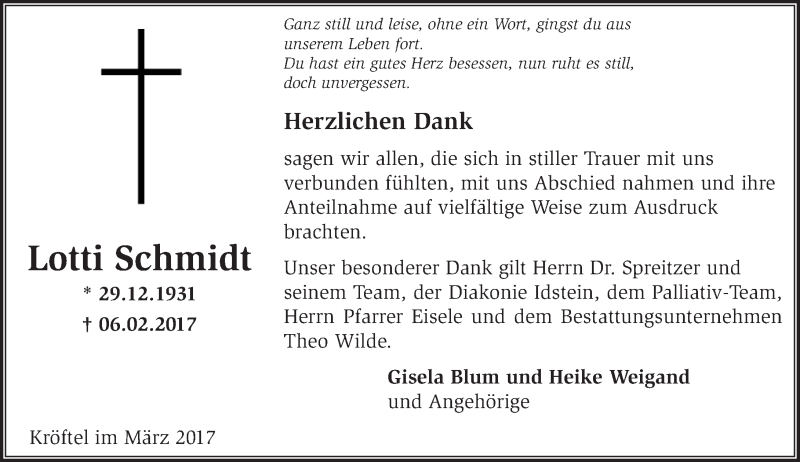  Traueranzeige für Lotti Schmidt vom 24.03.2017 aus Trauerportal Rhein Main Presse