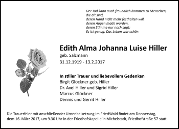Traueranzeige von Edith Alma Johanna Luise Hiller von Trauerportal Echo Online