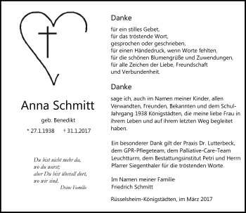 Traueranzeige von Anna Schmitt von Trauerportal Rhein Main Presse