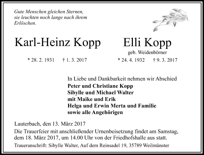  Traueranzeige für Karl-Heinz und Elli Kopp vom 13.03.2017 aus VRM Trauer