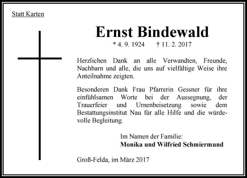  Traueranzeige für Ernst Bindewald vom 11.03.2017 aus VRM Trauer
