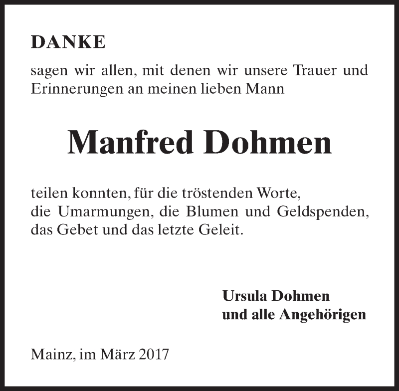  Traueranzeige für Manfred Dohmen vom 04.03.2017 aus Trauerportal Rhein Main Presse