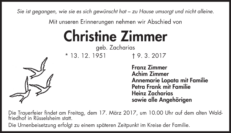  Traueranzeige für Christine Zimmer vom 15.03.2017 aus Trauerportal Rhein Main Presse