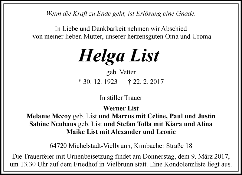  Traueranzeige für Helga List vom 04.03.2017 aus Trauerportal Echo Online