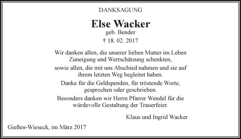  Traueranzeige für Else Wacker vom 11.03.2017 aus  Gießener Anzeiger