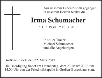 Traueranzeige von Irma Schumacher von  Gießener Anzeiger
