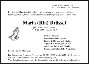 Traueranzeige von Maria Ria Brüssel von Trauerportal Rhein Main Presse