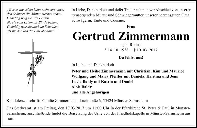  Traueranzeige für Gertrud Zimmermann vom 13.03.2017 aus Trauerportal Rhein Main Presse