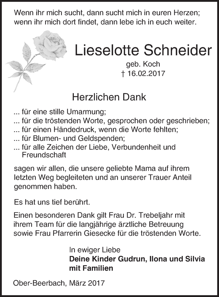  Traueranzeige für Lieselotte Schneider vom 18.03.2017 aus Trauerportal Echo Online