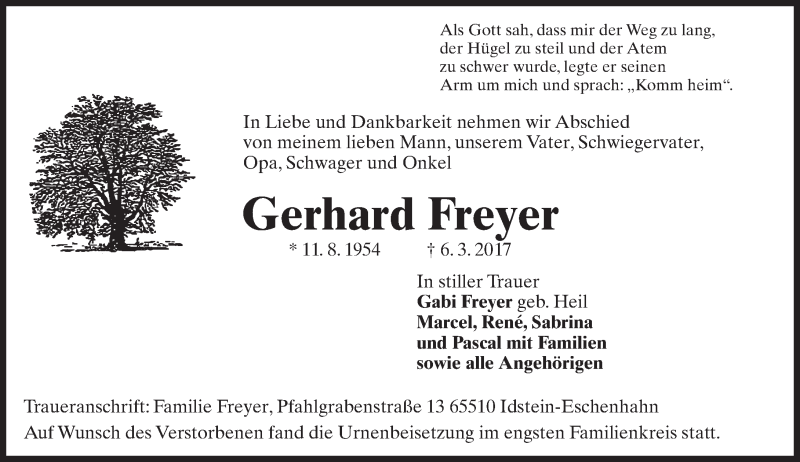  Traueranzeige für Gerhard Freyer vom 25.03.2017 aus Trauerportal Rhein Main Presse