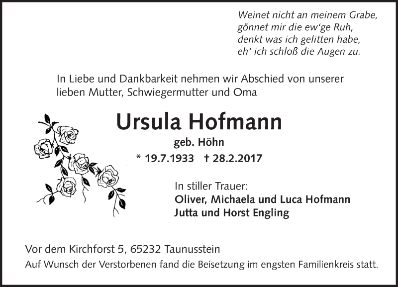  Traueranzeige für Ursula Hofmann vom 18.03.2017 aus Trauerportal Rhein Main Presse