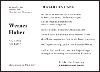 Traueranzeige von Werner Huber von Trauerportal Rhein Main Presse