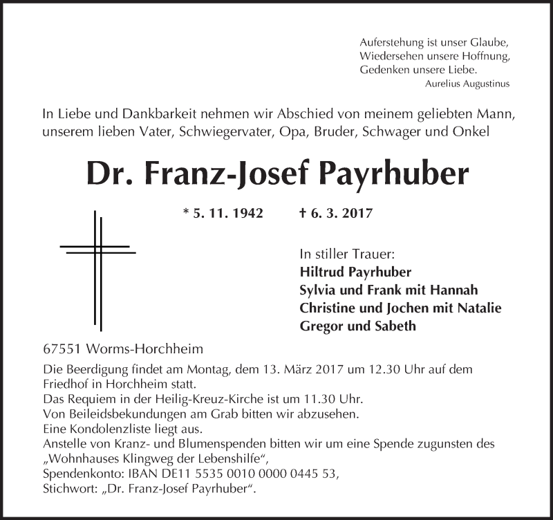  Traueranzeige für Franz-Josef Payrhuber vom 09.03.2017 aus Trauerportal Rhein Main Presse