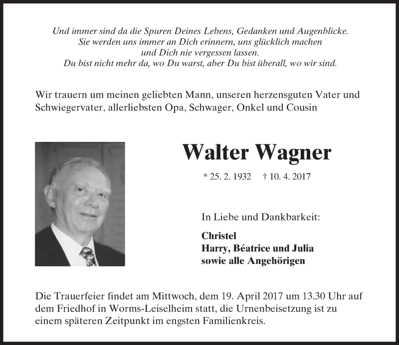  Traueranzeige für Walter Wagner vom 15.04.2017 aus Trauerportal Rhein Main Presse