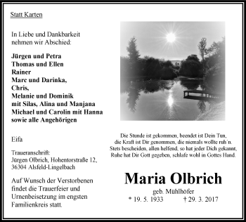 Traueranzeige von Maria Olbrich von VRM Trauer