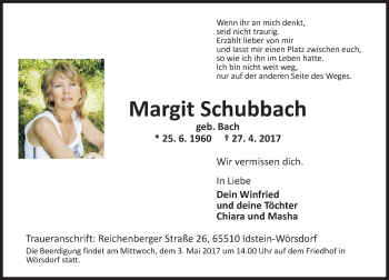 Traueranzeige von Margit Schubbach von Trauerportal Rhein Main Presse